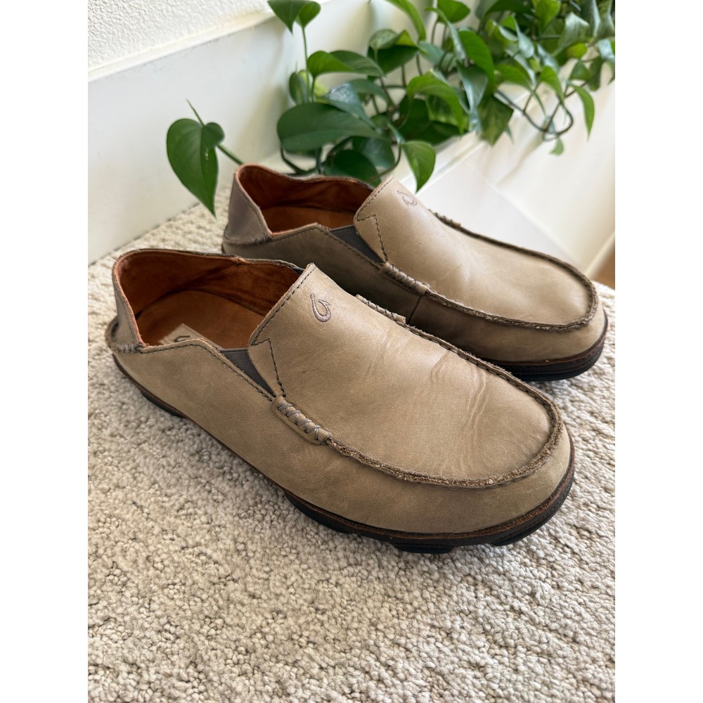 OluKai Moloa Slip On MEN 10 Leather Tan Loafers Casual Drop-In Heel‎ Comfort